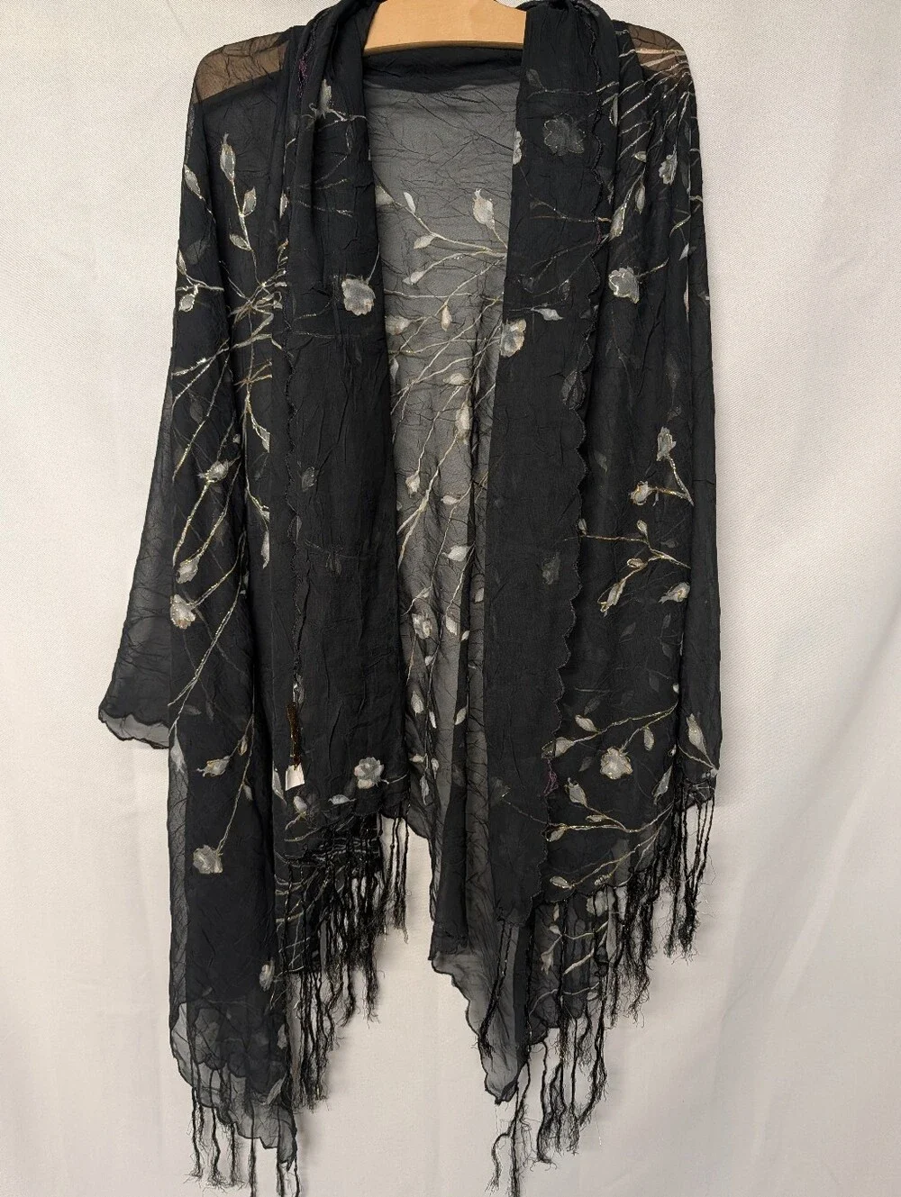 Black Sheer Floral Embroidered Shawl with Fringe And Gold Glitter Accents